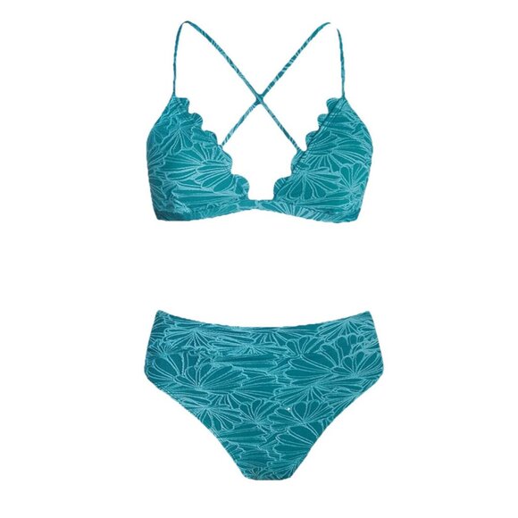 Cupshe Women’s Small Blue Jacquard Bikini Set Scallop V-Neck High Waist Lace-Up - Picture 3 of 8